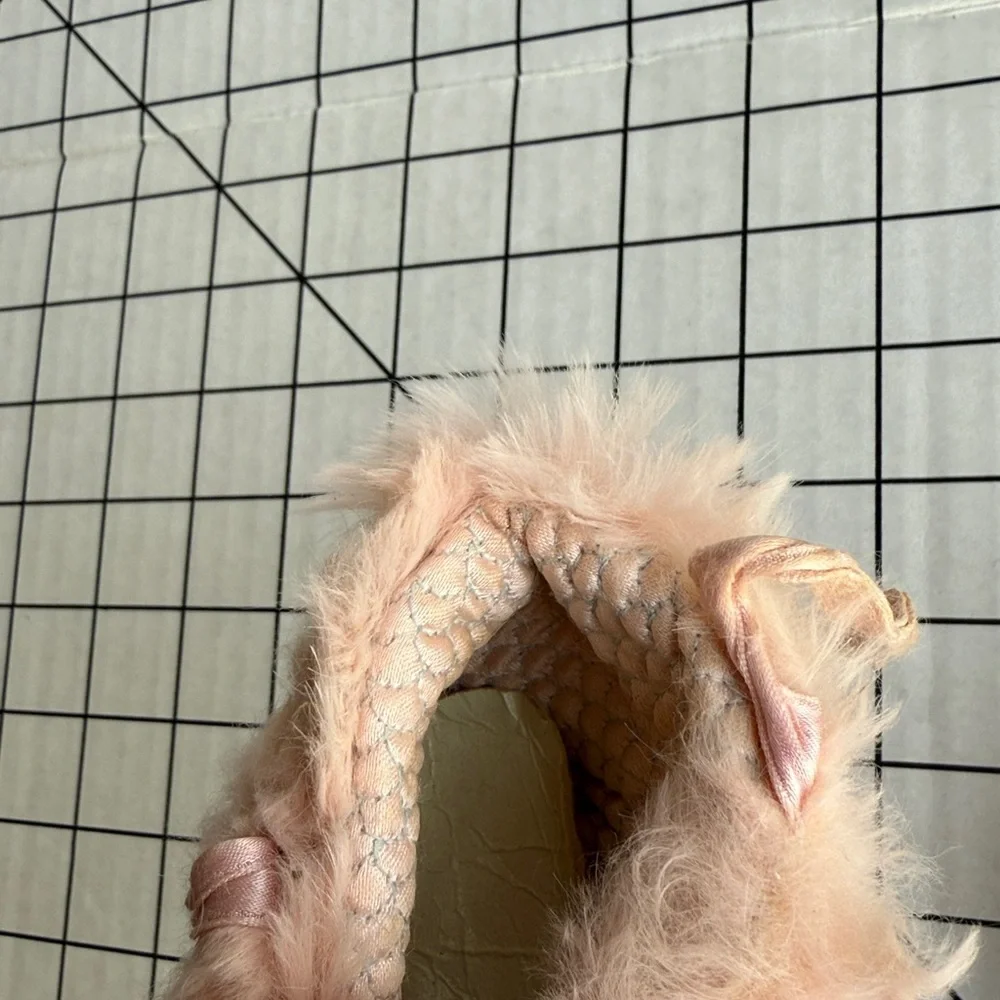 Vintage 1950s Pink Leather Baby Shoes Rabbit Fur Trim Ribbon Ties Prewalker